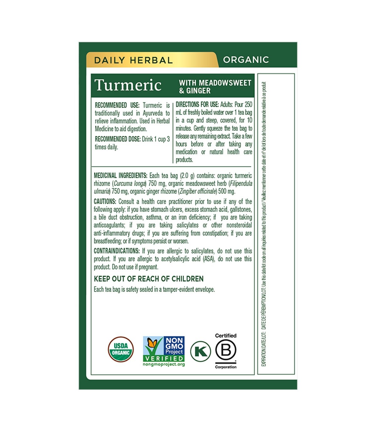 Traditional Medicinals 스래디셔널 메디시날스 유기농 강황 Meadowsweet & Ginger 16 티백 | 매일 업데이트되는 특가 상품 | VITASHOP