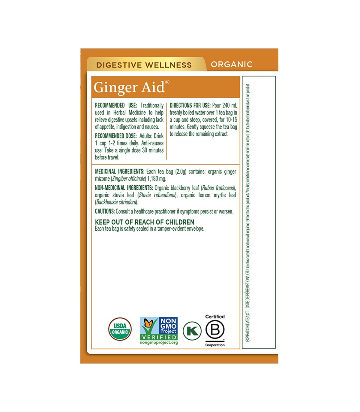 Organic Ginger Aid 16 Tea Bags | Safest & Easiest Shopping Vitamins Online | VITASHOP