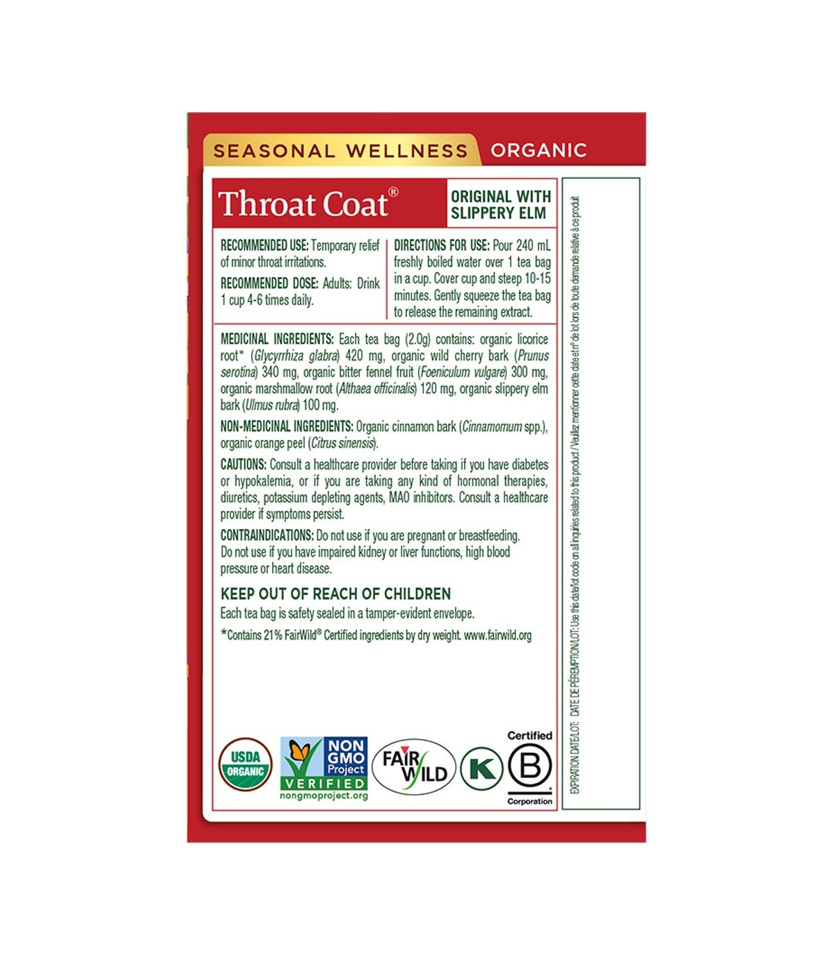 Traditional Medicinals 스래디셔널 메디시날스 오가닉 스로트 코트 16티백 | 매일 업데이트되는 특가 상품 | VITASHOP