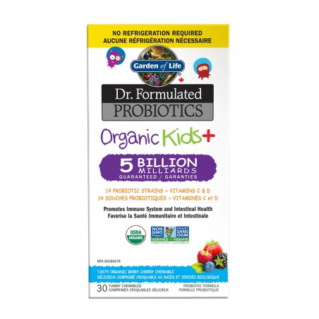 Dr. Formulated Probiotics Organic Kids+ Shelf Stable, Berry Cherry 30 Chewable Tablets | Safest & Easiest Shopping Vitamins Onli