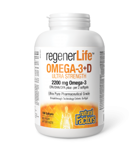 Natural Factors RegenerLife Omega-3+D Ultra Strength 2200 mg / 1000 IU 150 Enteripure Softgels | Unbeatable Prices, Daily Deals 