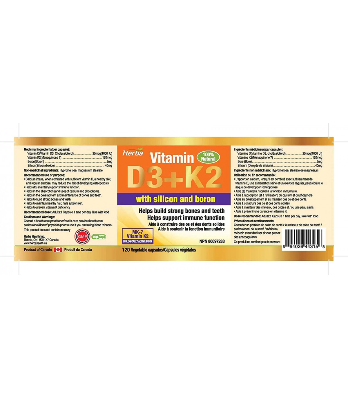 Herba Health Herba Vitamin D3 + K2 with Silicon and Boron - 120 vcaps | Unbeatable Prices, Daily Deals | VITASHOP