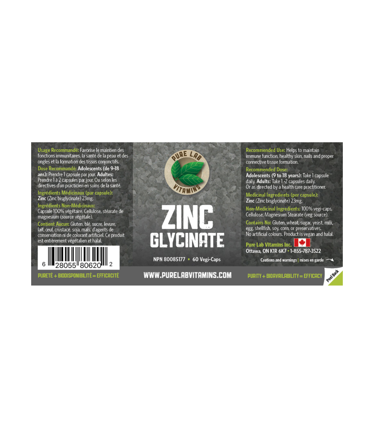 PURE LAB VITAMINS Zinc Glycinate 150 Veggie Caps