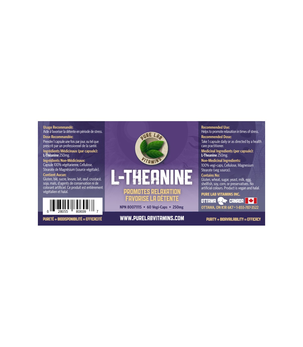 PURE LAB VITAMINS L-Theanine 250 mg 60 Veggie Caps