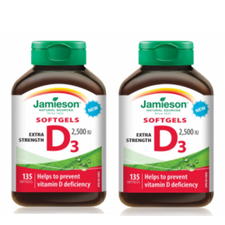 Jamieson [2 for Deal] 자미에슨 비타민 D3 Ex Strength 2,500 IU 젤 135 소프트젤 | 매일 업데이트되는 특가 상품 | VITASHOP