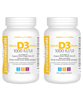 Prairie Naturals [2 for Deal] Vitamin D3 Cholecalciferol 1,000 IU in Organic Extra-Virgin Olive Oil 500 Softgels | Unbeatable Pr