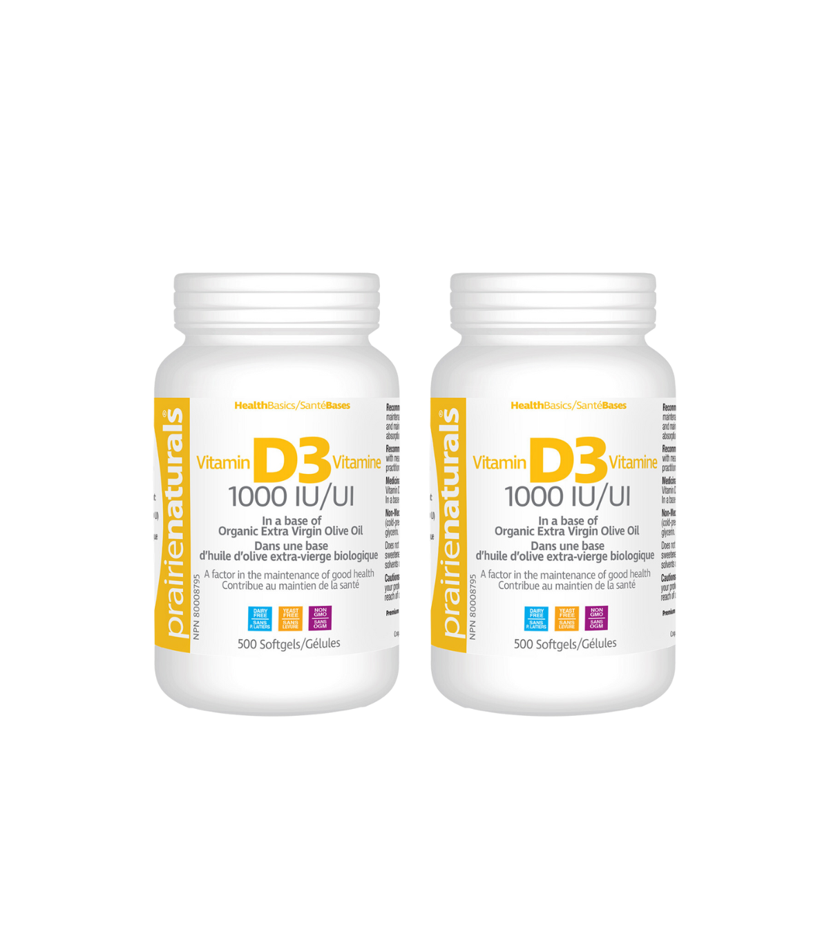 Prairie Naturals [2 for Deal] Vitamin D3 Cholecalciferol 1,000 IU in Organic Extra-Virgin Olive Oil 500 Softgels | Unbeatable Pr