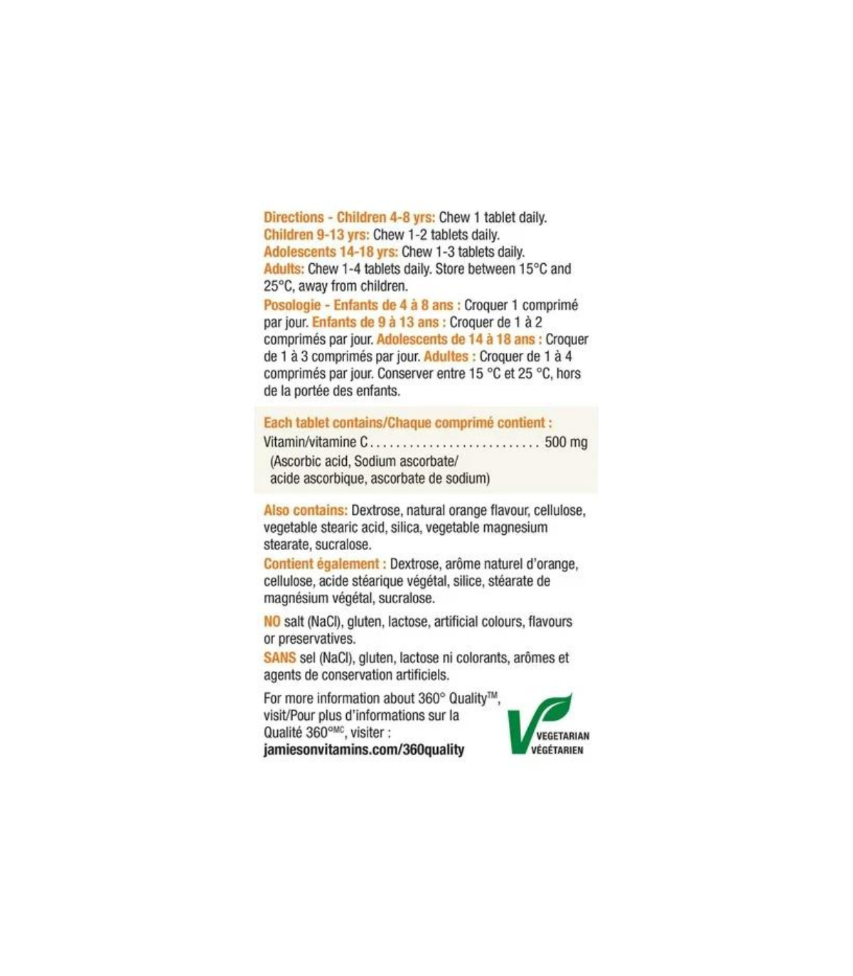 Jamieson Chewable Vitamin C 500 mg - Tangy Orange  - MEGA SIZE 370 Chewable Tablets | Unbeatable Prices, Daily Deals | VITASHOP