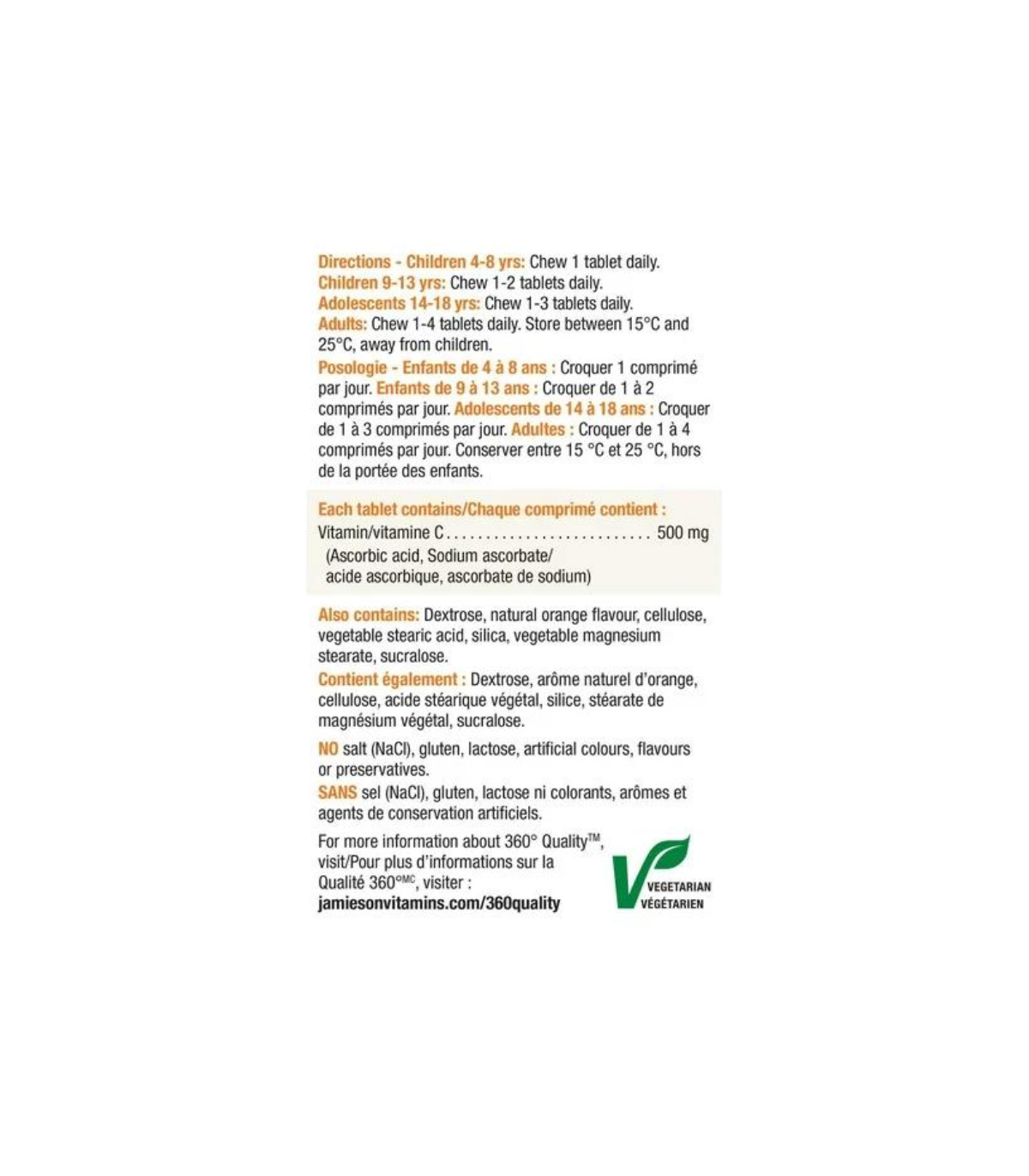 Jamieson Vitamine C à croquer 500 mg - Orange piquante - MEGA SIZE 370 comprimés à croquer | Prix le plus bas du jour, aubaines