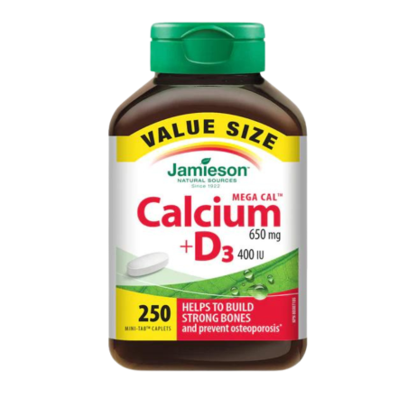 Jamieson 메가칼 650mg + 비타민 D3 400 IU - 가치 크기 250캡슐 | 매일 업데이트되는 특가 상품 | VITASHOP