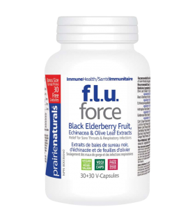 Prairie Naturals F.L.U. Force anti-virale avec baie noire, Extrait d'Echinacea, & Feuille d'Olive 30+30 Vegi Capsules