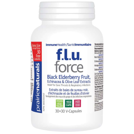 Prairie Naturals F.L.U. Force Anti-Viral with Black Elderberry, Echinacea Extract, & Olive Leaf 30+30 Vegi Capsules