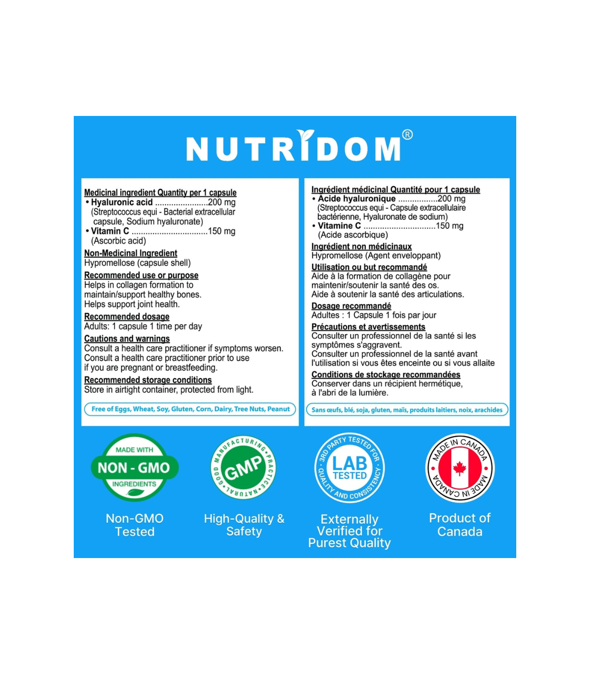 Nutridom Acide hyaluronique avec Vitamine C 60 Caps