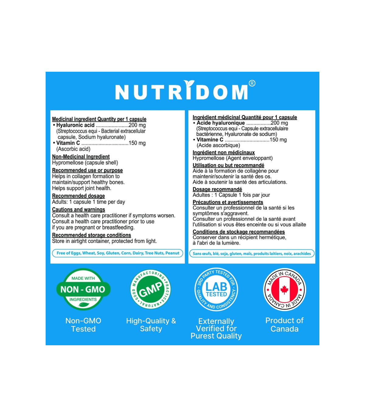 Nutridom 비타민 C 60 모자를 가진 Hyaluronic 산