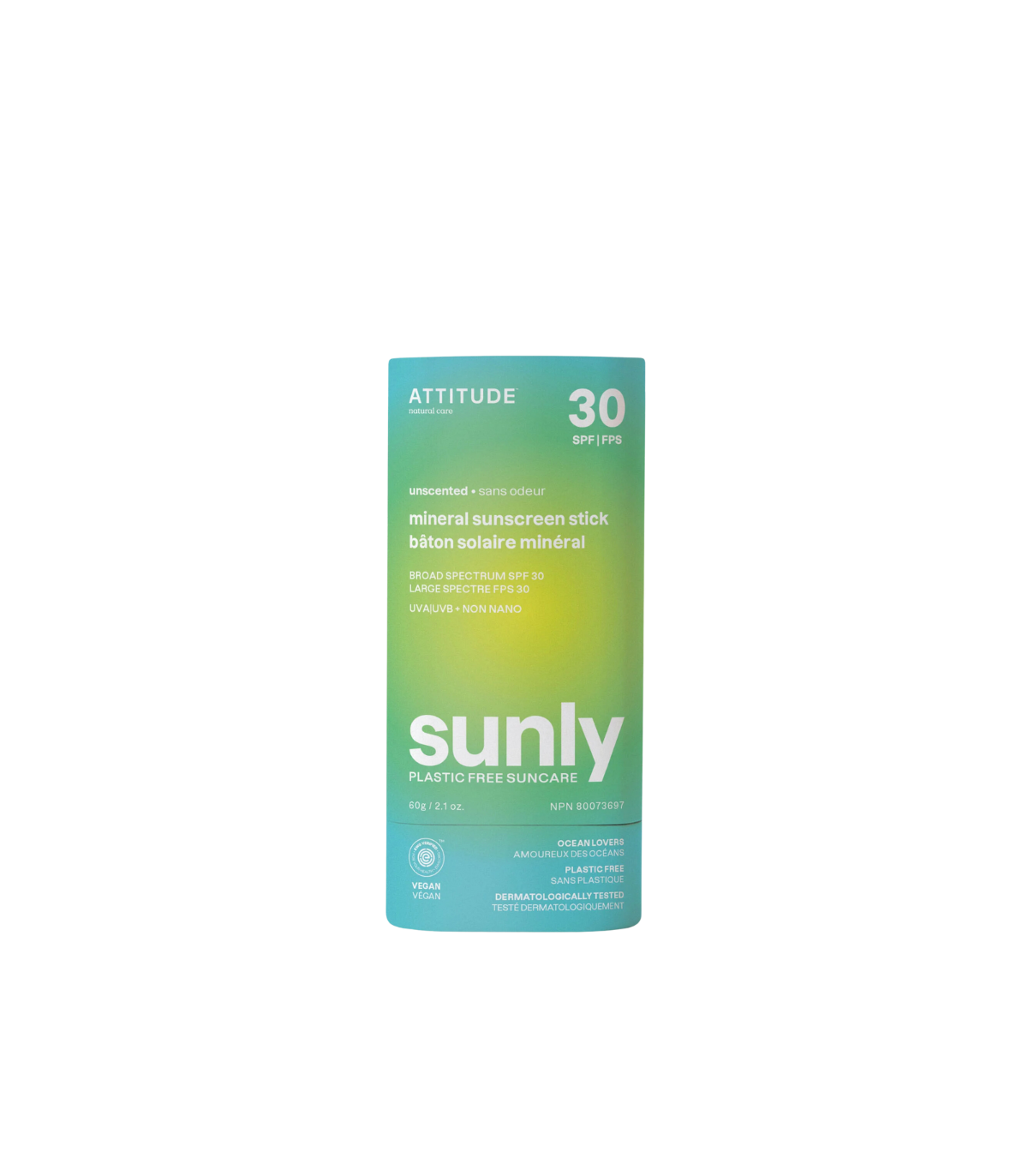 Attitude Sunly Plastic-free mineral sunscreen stick SPF 30 Unscented 60 g