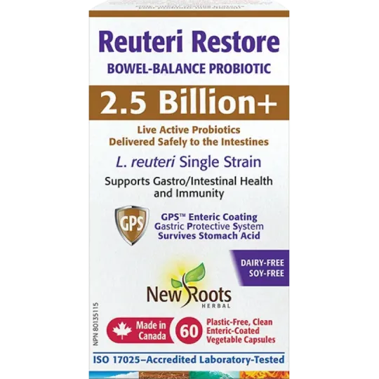 New Roots Reuteri Restore Bowel-Balance Probiotic 2.5 Billion+ 60 Vegetable Capsules | Unbeatable Prices, Daily Deals | VITASHOP