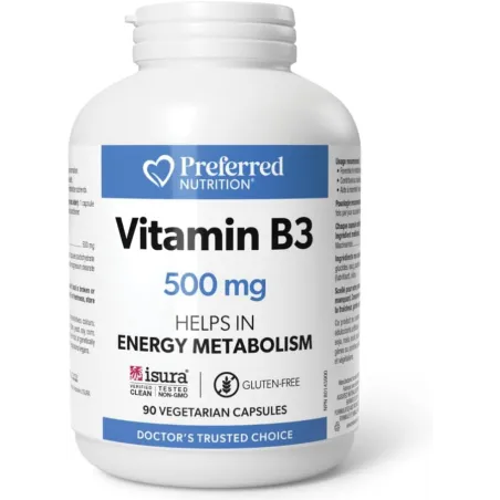Preferred Nutrition 비타민 B3 500mg 90 베지 캡슐 | 뛰어난 가격, 일일 특가 | VITASHOP