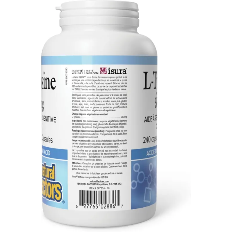 Natural Factors L-티로신 500mg, 240 베지테리언 캡슐 | 뛰어난 가격, 일일 특가 | VITASHOP