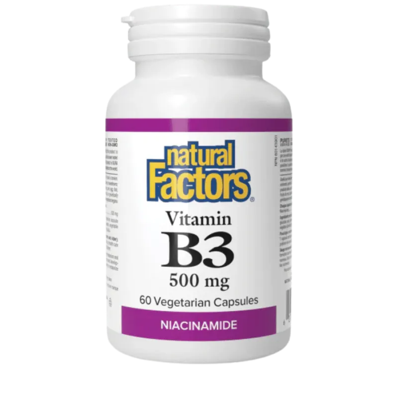 Natural Factors 비타민 B3 500mg 나이아신아마이드, 60 베지 캡슐 | 뛰어난 가격, 일일 특가 | VITASHOP
