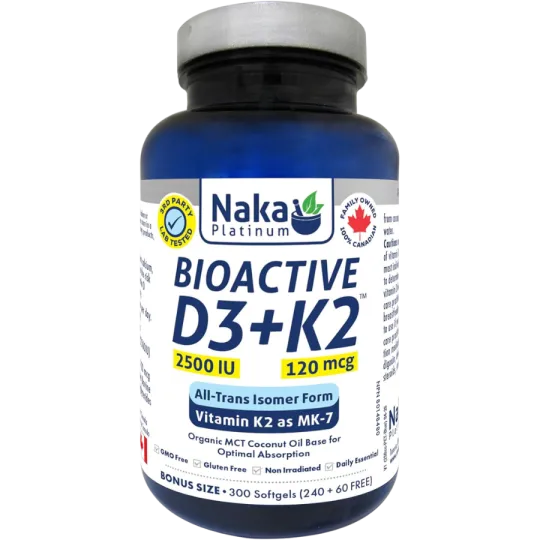 NAKA 플래티넘 BioActive D3+K2 in MCT 오일 2500IU 300 소프트젤 | 최고의 가격, 일일 할인 | VITASHOP