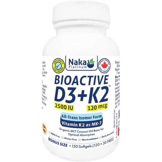 NAKA 플래티넘 BioActive D3+K2 in MCT 오일 2500IU 150 소프트젤 | 최고의 가격, 일일 할인 | VITASHOP