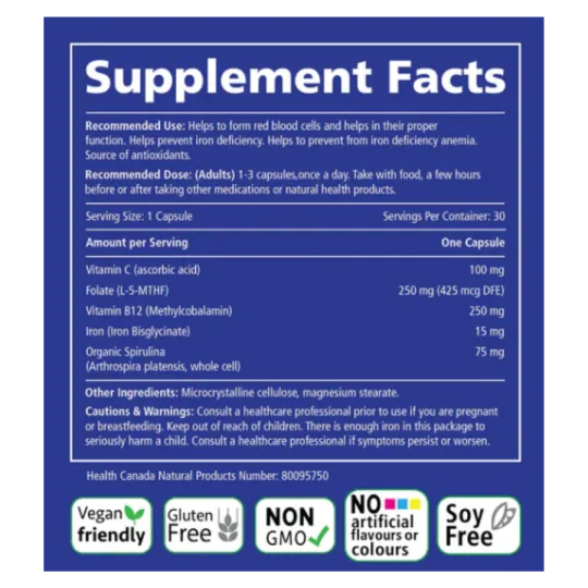 Daily Iron + Organic Spirulina 30 Vegi Capsules | Safest & Easiest Shopping Vitamins Online | VITASHOP