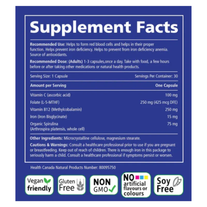 Daily Iron + Organic Spirulina 30 Vegi Capsules | Safest & Easiest Shopping Vitamins Online | VITASHOP