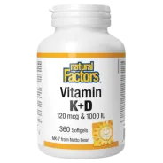 Natural Factors Vitamin K+D 120 mcg / 1000 IU, 360 Softgels | Unbeatable Prices, Daily Deals | VITASHOP