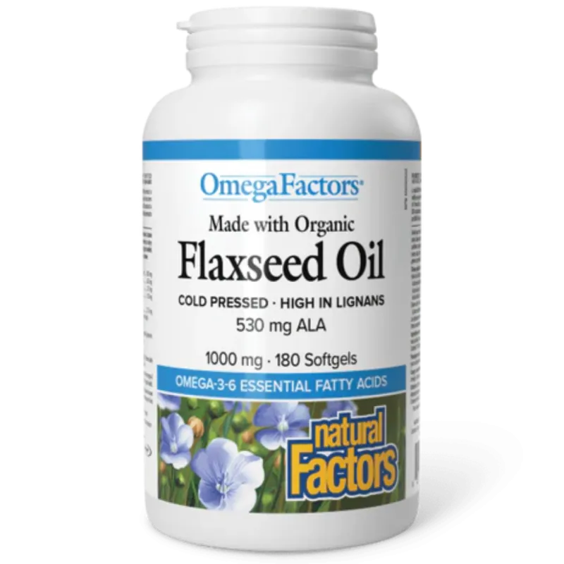 Natural Factors 내추럴 팩터스 OmegaFactors 인증 유기농 아마씨 오일 1000 mg, 180 소프트젤 | 매일 업데이트되는 특가 상품 | VITASHOP
