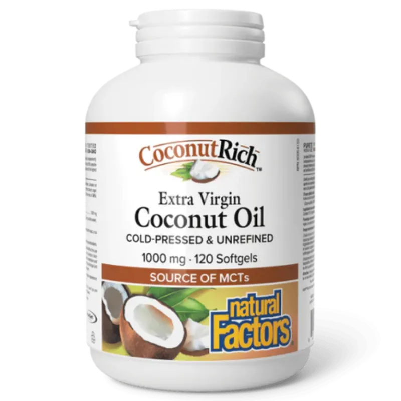 Natural Factors 내추럴 팩터스 CoconutRich 엑스트라 버진 코코넛 오일 1000 mg, 120 소프트젤 | 매일 업데이트되는 특가 상품 | VITASHOP