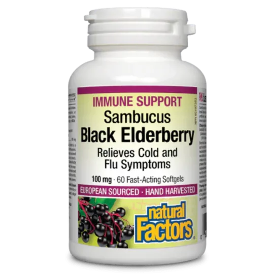 Natural Factors Black Elderberry 100 mg, 60 Softgels | Unbeatable Prices, Daily Deals | VITASHOP
