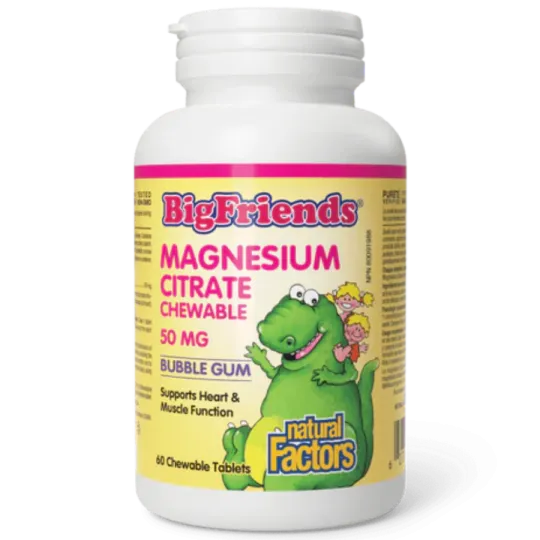 Natural Factors 내추럴 팩터스 Big Friends 씹을 수 있는 구연산 마그네슘 50 mg, 풍선껌, 60 씹을 수 있는 정제 | 매일 업데이트되는 특가 상품 | VITASHOP