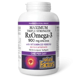 Natural Factors RxOmega-3 with Vitamin D3 Maximum Triple Strength 900 mg, 150 Enteripure Softgels | Unbeatable Prices, Daily Dea