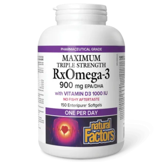 Natural Factors RxOmega-3 with Vitamin D3 Maximum Triple Strength 900 mg, 150 Enteripure Softgels | Unbeatable Prices, Daily Dea