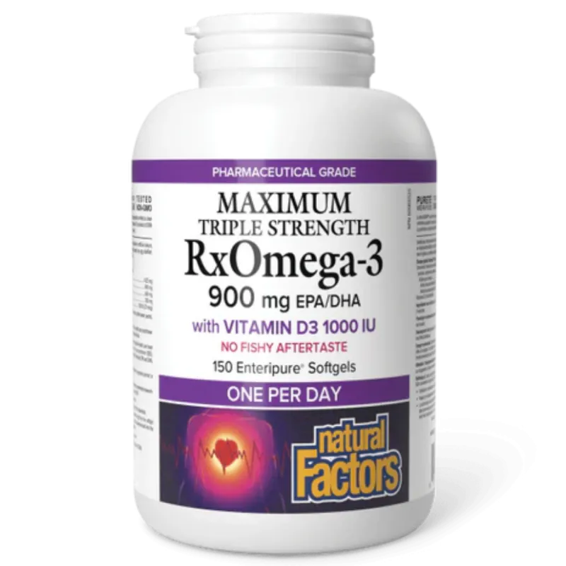 Natural Factors RxOmega-3 with Vitamin D3 Maximum Triple Strength 900 mg, 150 Enteripure Softgels | Unbeatable Prices, Daily Dea