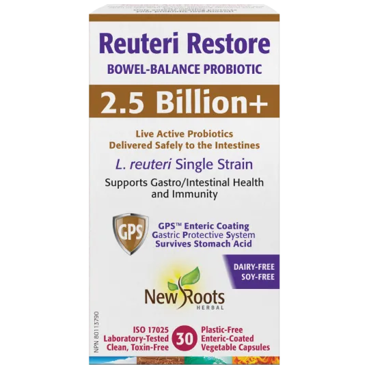 New Roots Reuteri Restore Bowel-Balance Probiotic 2.5 Billion+ 30 Vegetable Capsules | Prix imbattables, Bonnes Affaires du jour