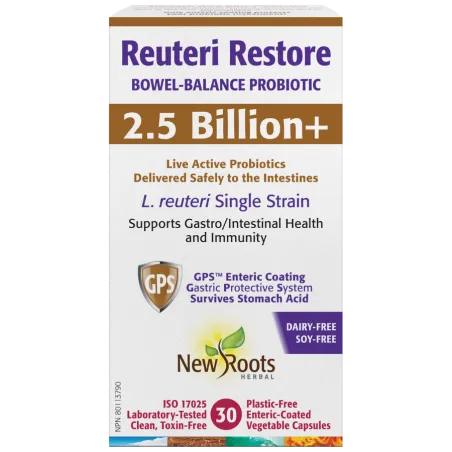 New Roots Reuteri Restore Bowel-Balance Probiotic 2.5 Billion+ 30 Vegetable Capsules | Prix imbattables, Bonnes Affaires du jour