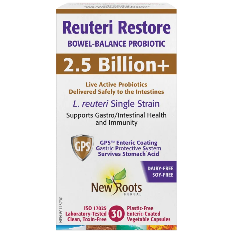New Roots Reuteri Restore Bowel-Balance Probiotic 2.5 Billion+ 30 Vegetable Capsules | Prix imbattables, Bonnes Affaires du jour