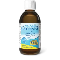 Natural Factors SeaRich Omega-3 with D3 1500 mg EPA / 750 mg DHA Lemon Meringue, 200 mL Liquid | Unbeatable Prices, Daily Deals