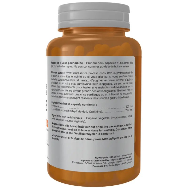L-Arginine 500 mg L-Ornithine 250 mg, 100 Gélules | Safest & Easiest Shopping Vitamins Online | VITASHOP