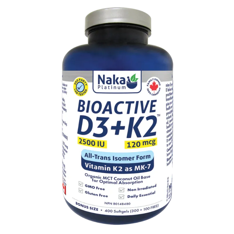 NAKA 플래티넘 BioActive D3+K2 in MCT 오일 2500IU 400 소프트젤 | 최고의 가격, 일일 할인 | VITASHOP