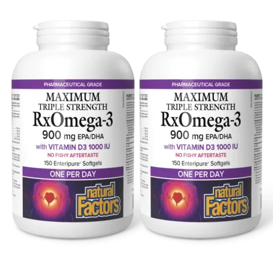 Natural Factors [2 for Deal] RxOmega-3 with Vitamin D3 Maximum Triple Strength 900 mg, 150 Enteripure Softgels | Unbeatable Pric