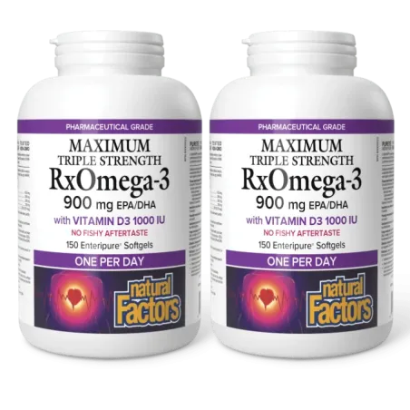 Natural Factors [2 for Deal] 내추럴 팩터스 RxOmega-3 with Vitamin D3 Maximum Triple Strength 900 mg, 150 Enteripure Softgels | 매일 업데이트