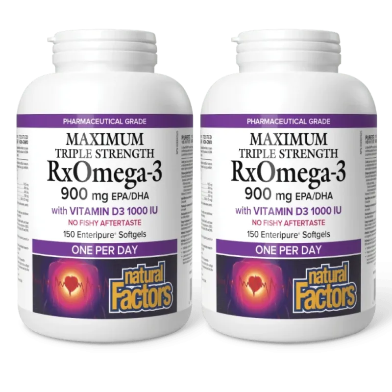 [2 for Deal] RxOmega-3 avec vitamine D3 Maximum Triple Strength 900 mg, 150 gélules Enteripure | Safest & Easiest Shopping Vitam
