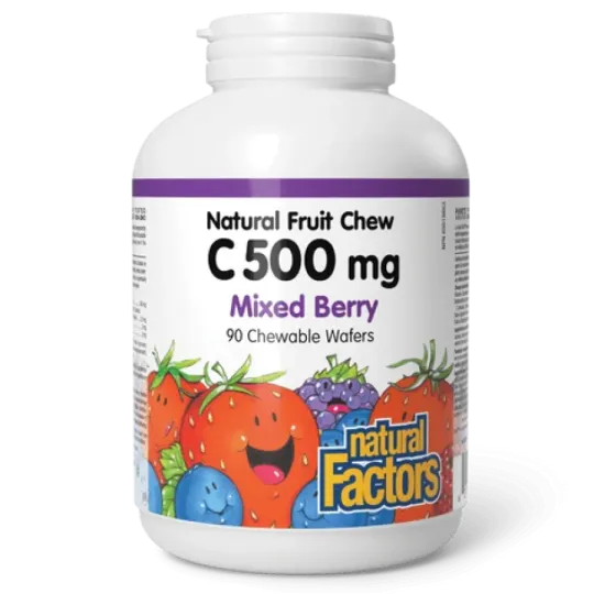 Natural Factors C 500 mg 100% Natural Fruit Chew, Blueberry, Raspberry, and Boysenberry 90 Chewable Tablets | Unbeatable Prices,