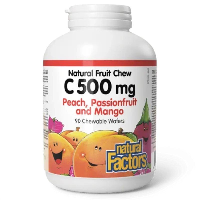 C 500 mg 100% Natural Fruit Chew, Peach, Passionfruit, and Mango 90 Chewable Tablets | Safest & Easiest Shopping Vitamins Online