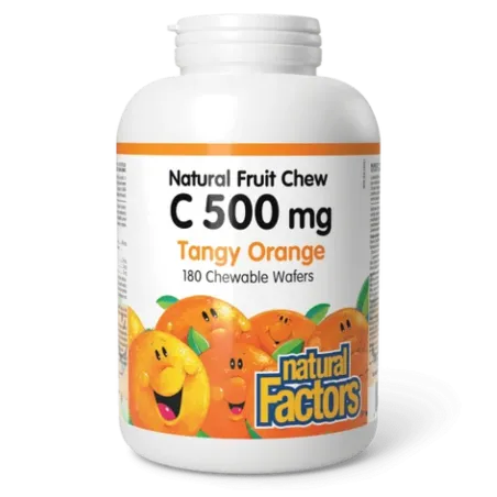 Natural Factors 내추럴 팩터스 C 500 mg 100% 천연 과일 츄, 톡 쏘는 오렌지 180 츄어블 정제 | 매일 업데이트되는 특가 상품 | VITASHOP