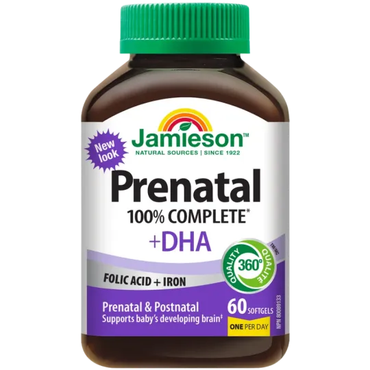 Jamieson Multivitamines prénatales complètes à 100 % avec DHA 60 capsules molles | Safest & Easiest Shopping Vitamins Online | V