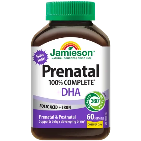 Jamieson Multivitamines prénatales complètes à 100 % avec DHA 60 capsules molles | Safest & Easiest Shopping Vitamins Online | V