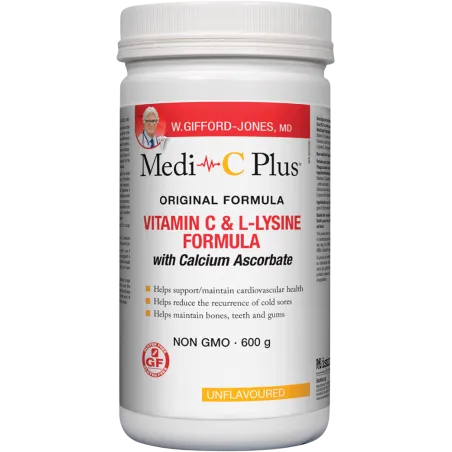 Medi-C Plus Formule de vitamine C et L-lysine avec ascorbate de calcium [Sans saveur] 600 g | Safest & Easiest Shopping Vitamins